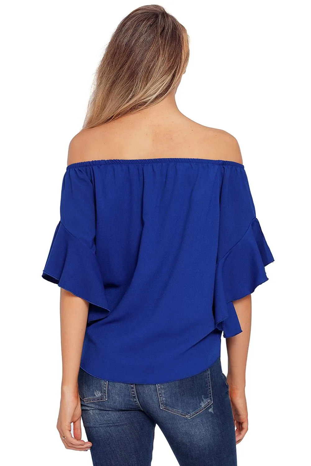 Blue Off The Shoulder Knot Front Blouse Top