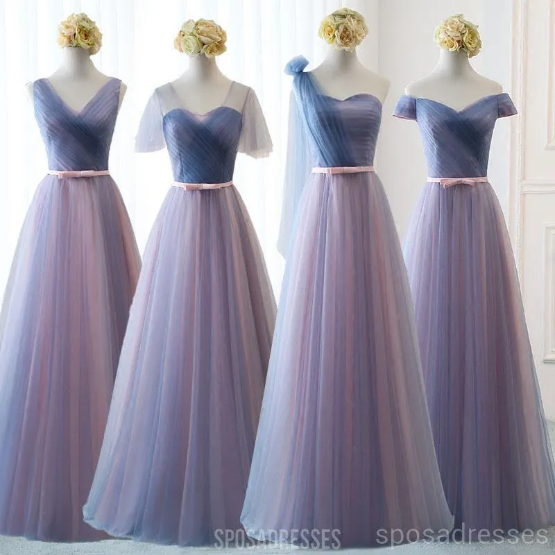 Blue Pink Tulle Floor Length Mismatched Cheap Bridesmaid Dresses Online, WG539