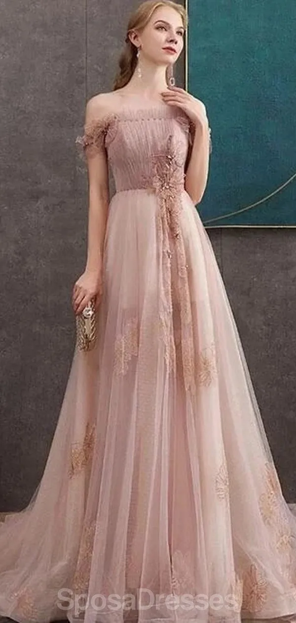 Blush Pink Off Shoulder Long Cheap Evening Prom Dresses, Evening Party Prom Dresses, 12339