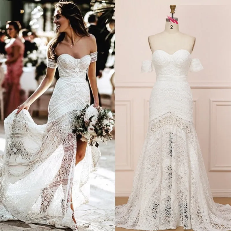 Boho Chic Off-Shoulder Lace Wedding Dress