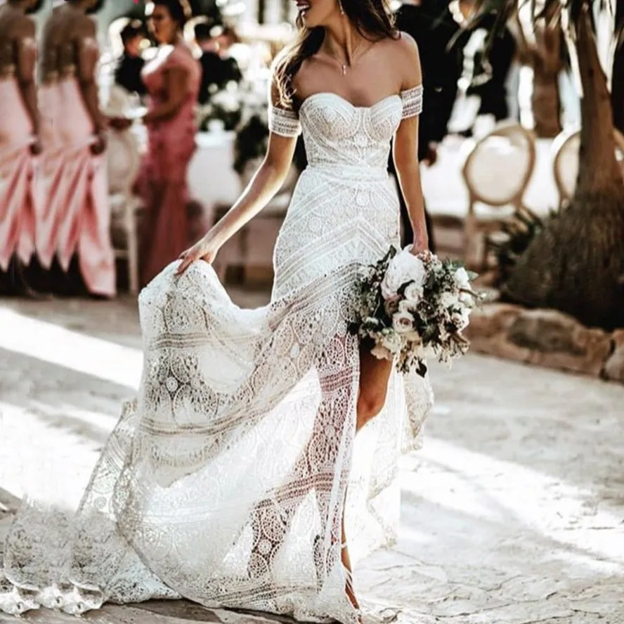 Boho Chic Off-Shoulder Lace Wedding Dress