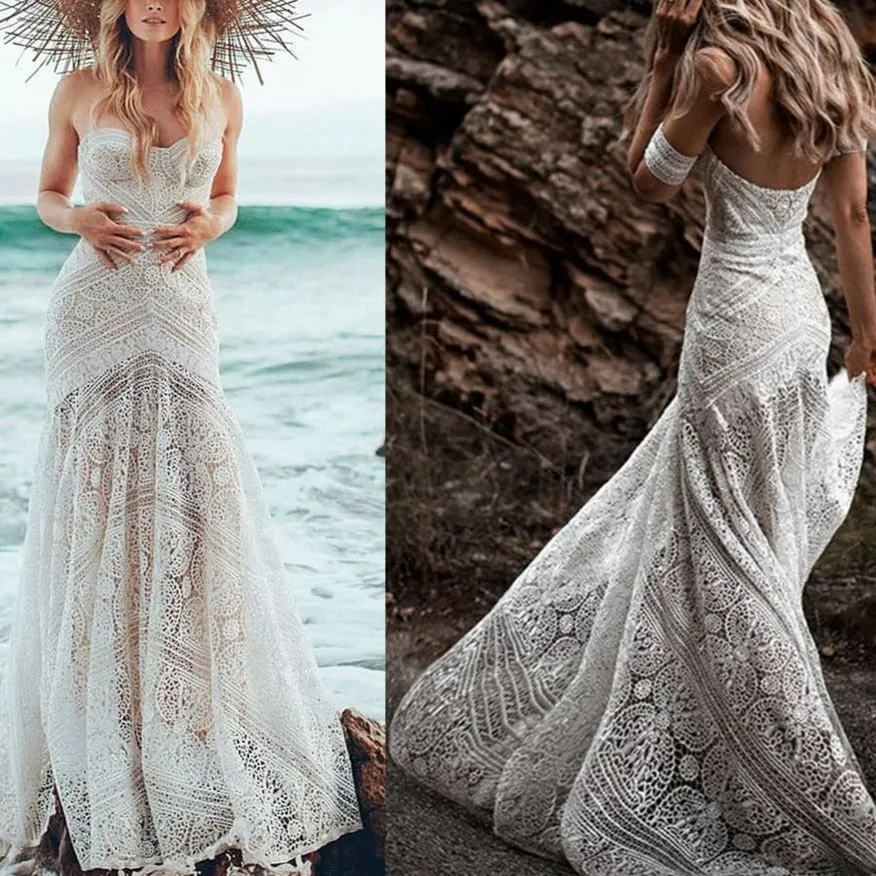 Boho Chic Off-Shoulder Lace Wedding Dress