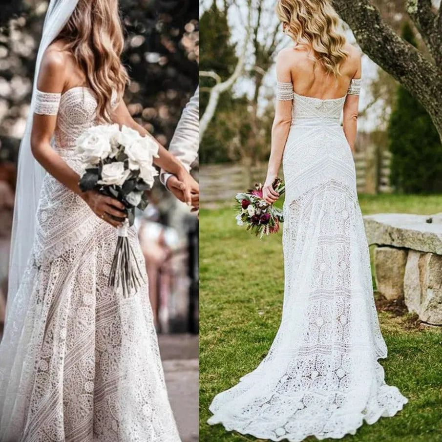 Boho Chic Off-Shoulder Lace Wedding Dress