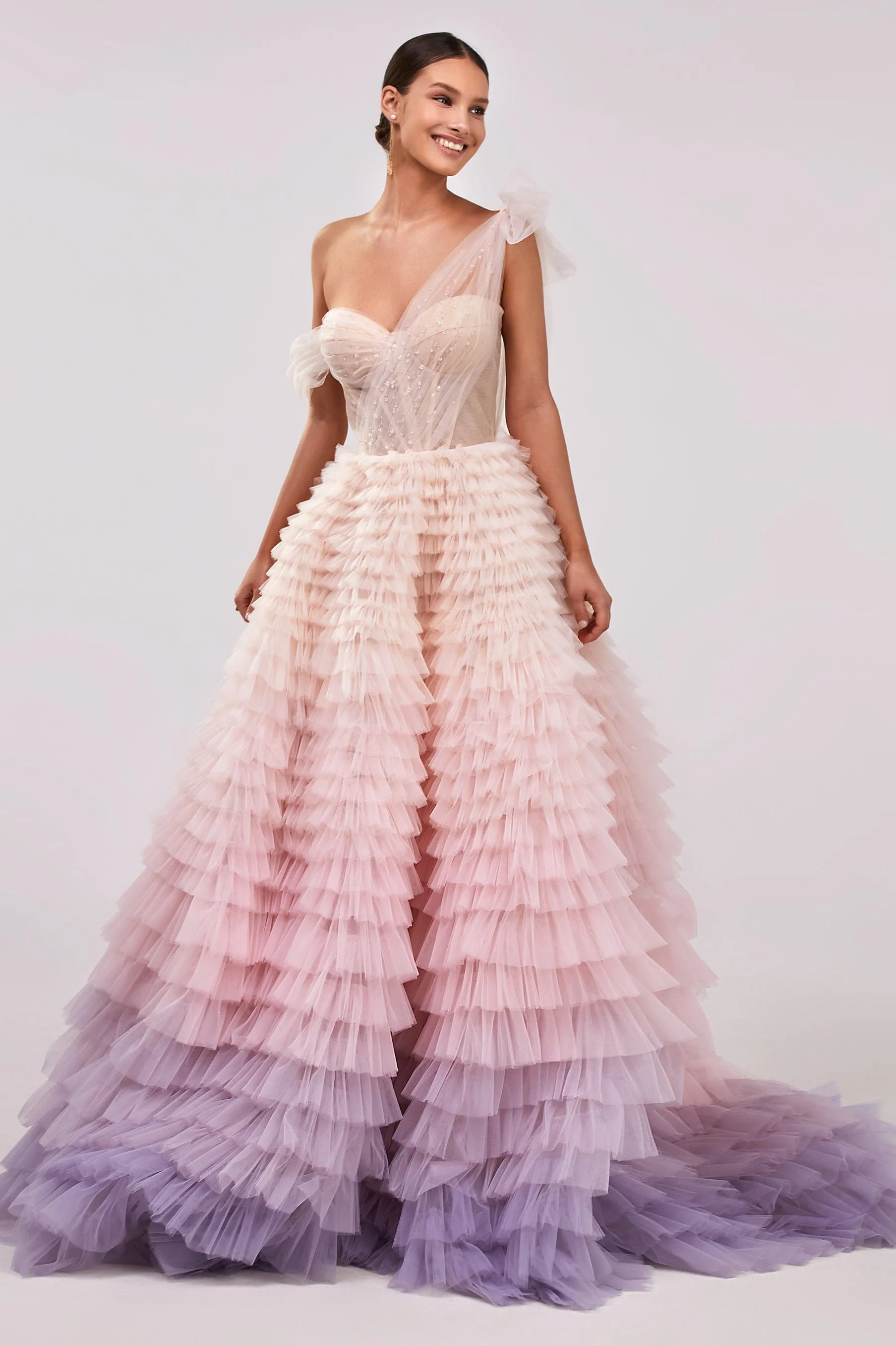 Charming ball gown with the frill-layered ombre maxi skirt