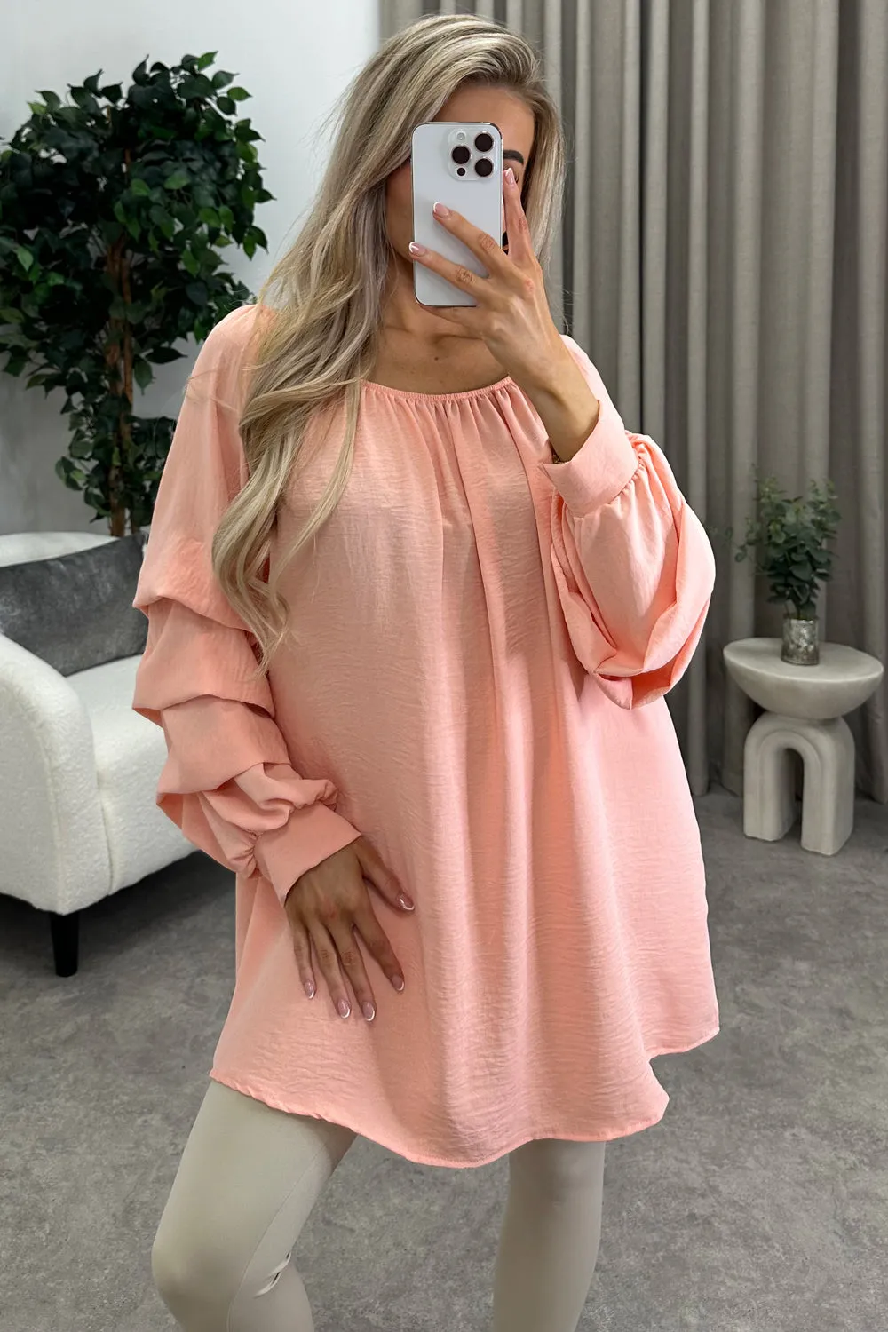 Chella Peach Tier Long Sleeve Bardot Top