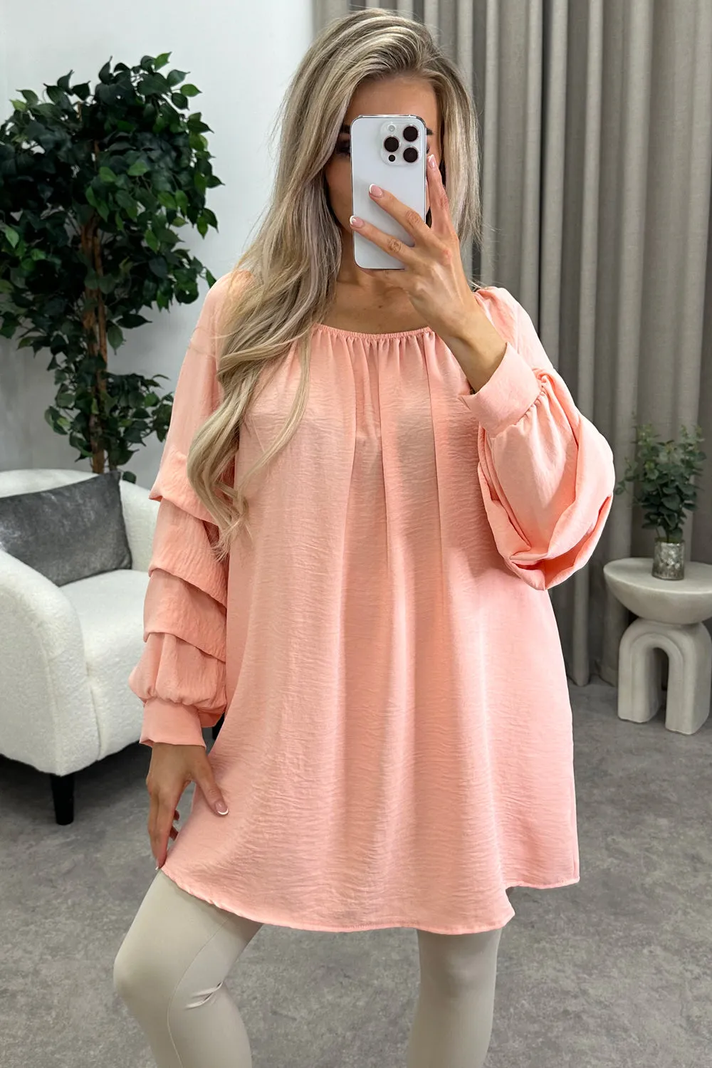 Chella Peach Tier Long Sleeve Bardot Top