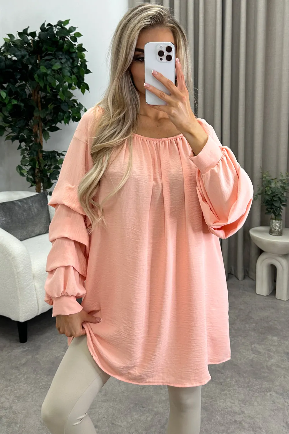 Chella Peach Tier Long Sleeve Bardot Top