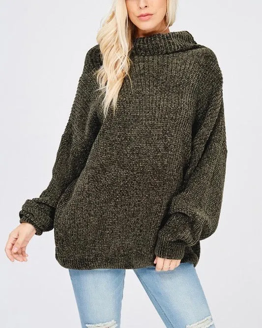 Chenille Turtleneck Knitted Pullover Sweater in Olive