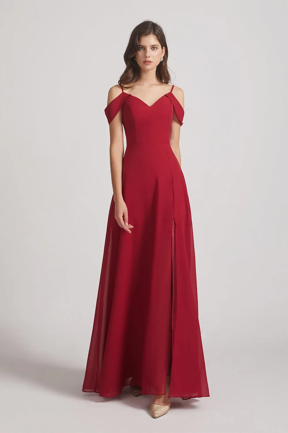 Chiffon Cold Shoulder V-Neck Bridesmaid Dresses with Slit (AF0093)