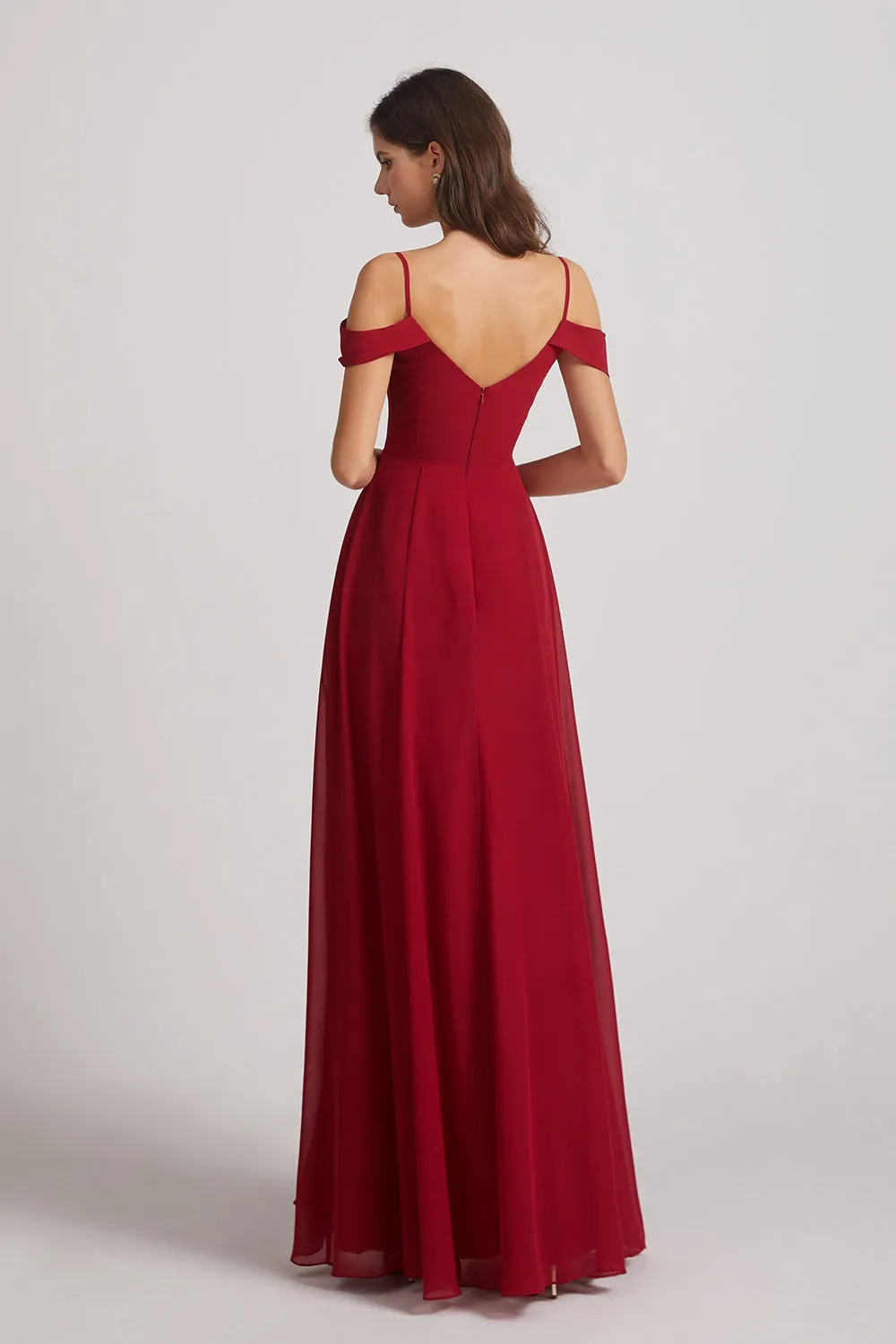 Chiffon Cold Shoulder V-Neck Bridesmaid Dresses with Slit (AF0093)