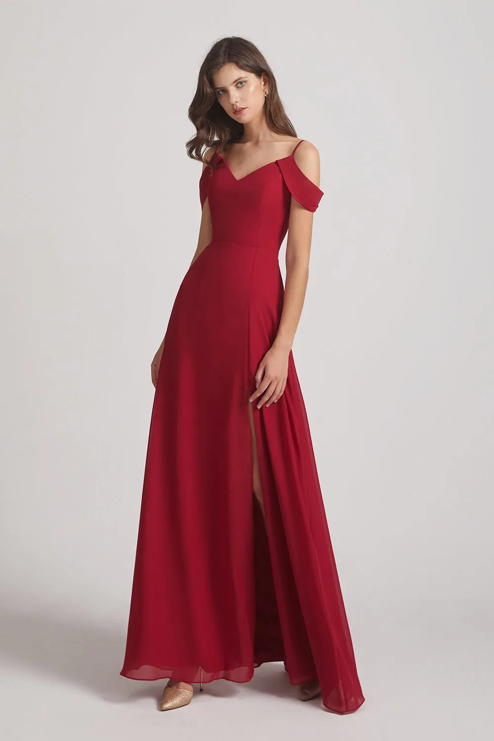 Chiffon Cold Shoulder V-Neck Bridesmaid Dresses with Slit (AF0093)