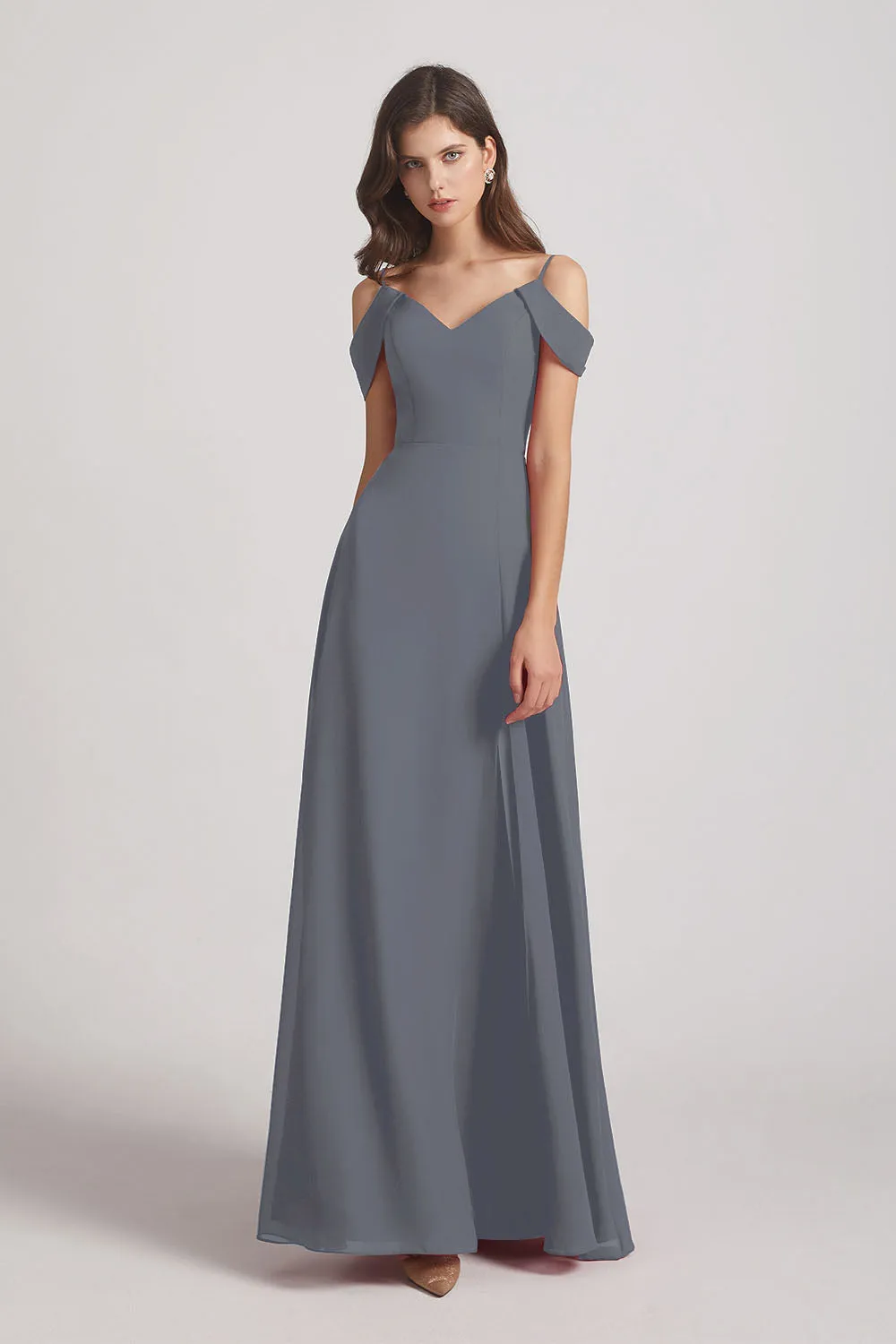 Chiffon Cold Shoulder V-Neck Bridesmaid Dresses with Slit (AF0093)