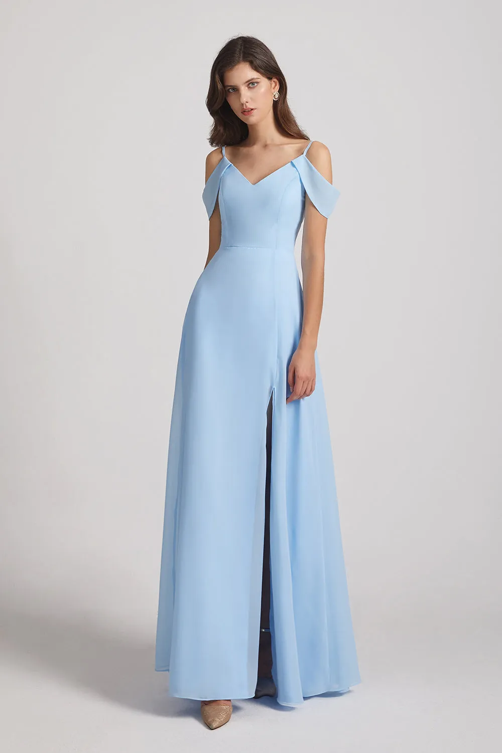 Chiffon Cold Shoulder V-Neck Bridesmaid Dresses with Slit (AF0093)