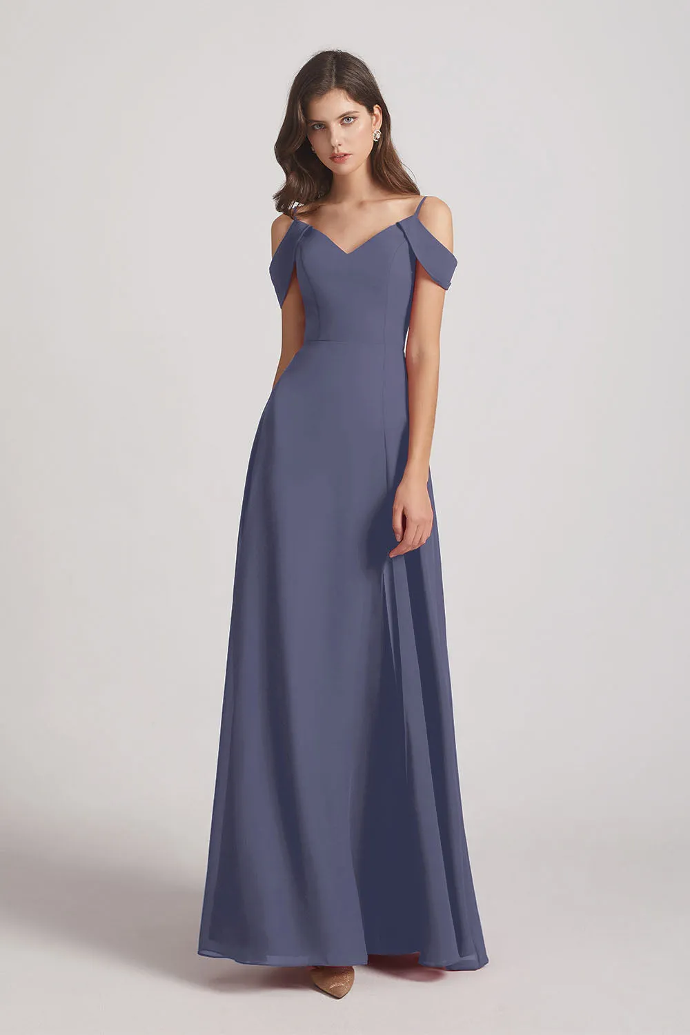 Chiffon Cold Shoulder V-Neck Bridesmaid Dresses with Slit (AF0093)