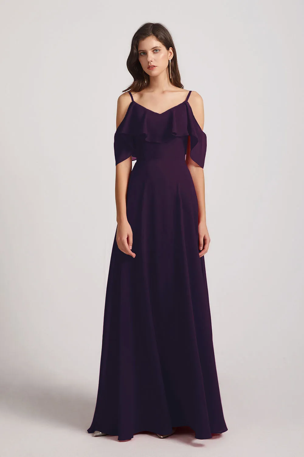 Cold Shoulder Chiffon Long Flowy Bridesmaid Dresses (AF0078)