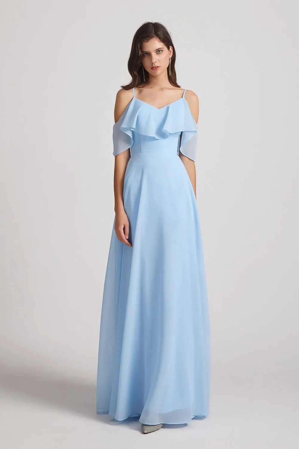 Cold Shoulder Chiffon Long Flowy Bridesmaid Dresses (AF0078)