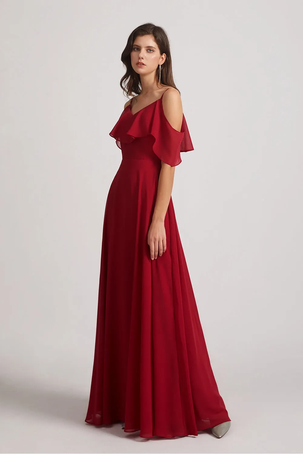 Cold Shoulder Chiffon Long Flowy Bridesmaid Dresses (AF0078)