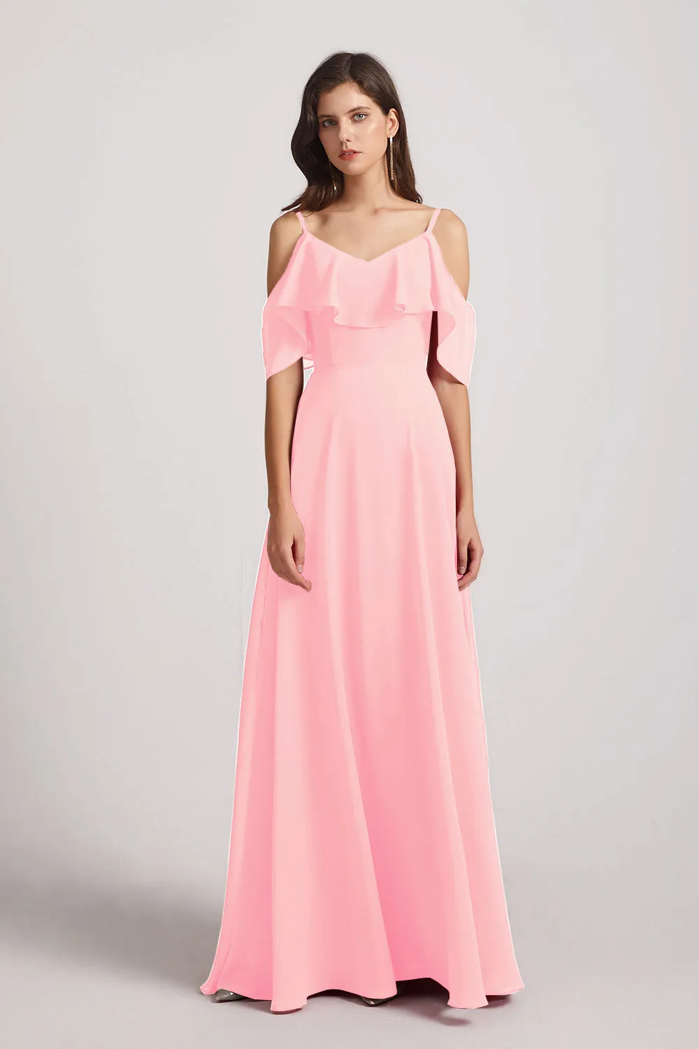 Cold Shoulder Chiffon Long Flowy Bridesmaid Dresses (AF0078)