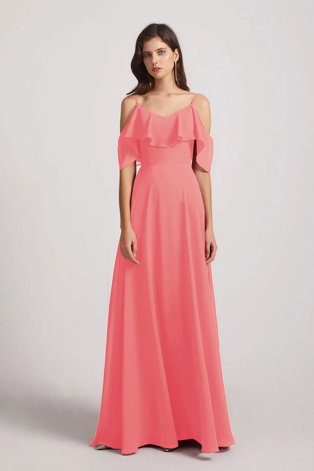 Cold Shoulder Chiffon Long Flowy Bridesmaid Dresses (AF0078)