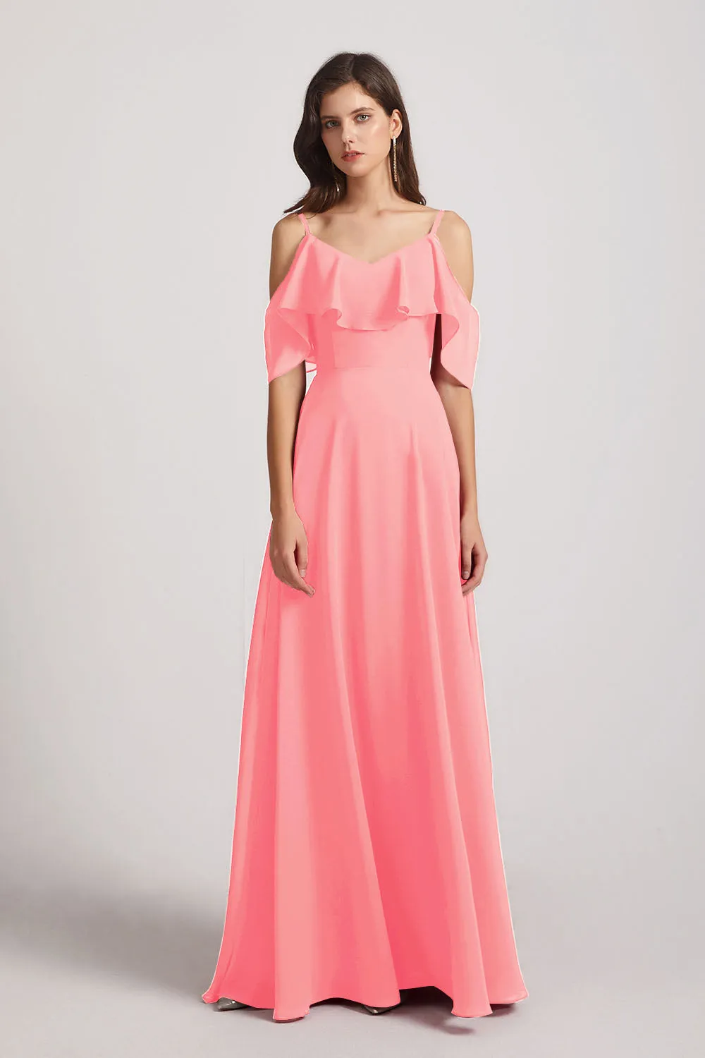 Cold Shoulder Chiffon Long Flowy Bridesmaid Dresses (AF0078)