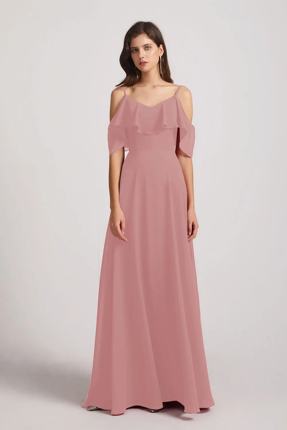 Cold Shoulder Chiffon Long Flowy Bridesmaid Dresses (AF0078)