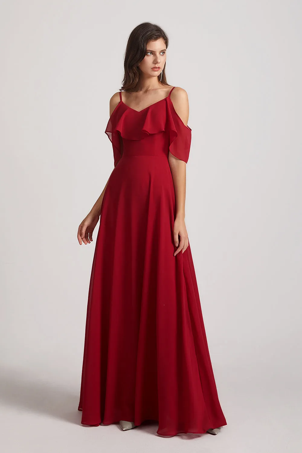 Cold Shoulder Chiffon Long Flowy Bridesmaid Dresses (AF0078)