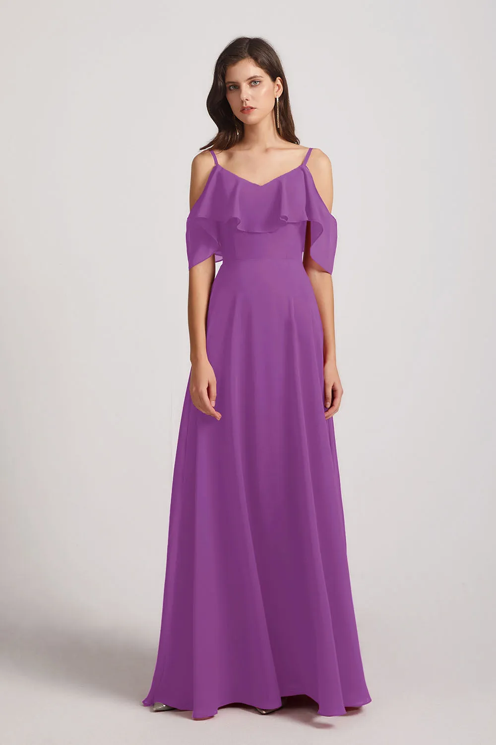 Cold Shoulder Chiffon Long Flowy Bridesmaid Dresses (AF0078)