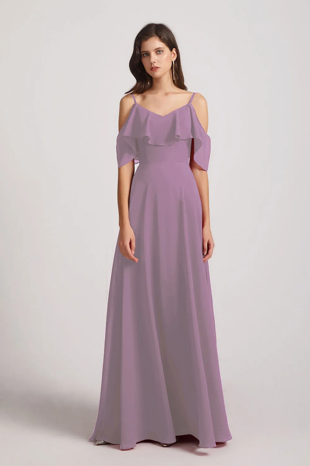 Cold Shoulder Chiffon Long Flowy Bridesmaid Dresses (AF0078)