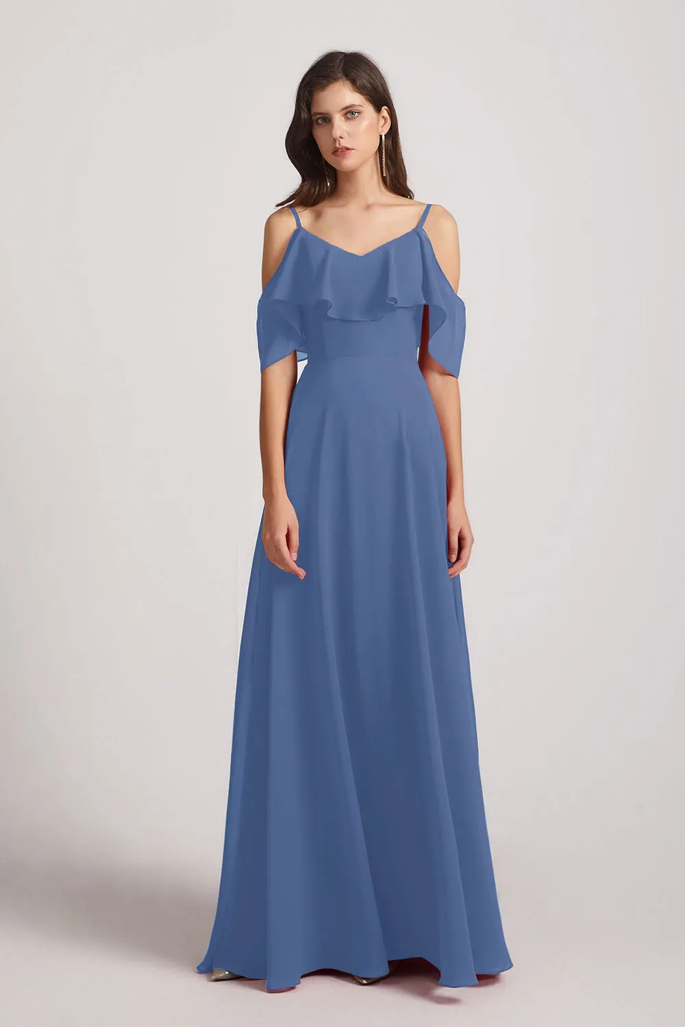 Cold Shoulder Chiffon Long Flowy Bridesmaid Dresses (AF0078)