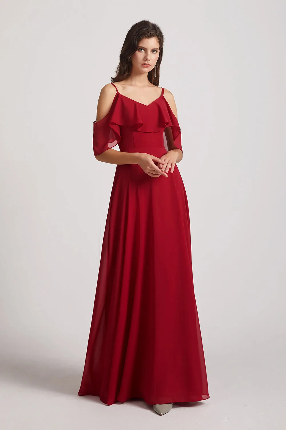 Cold Shoulder Chiffon Long Flowy Bridesmaid Dresses (AF0078)