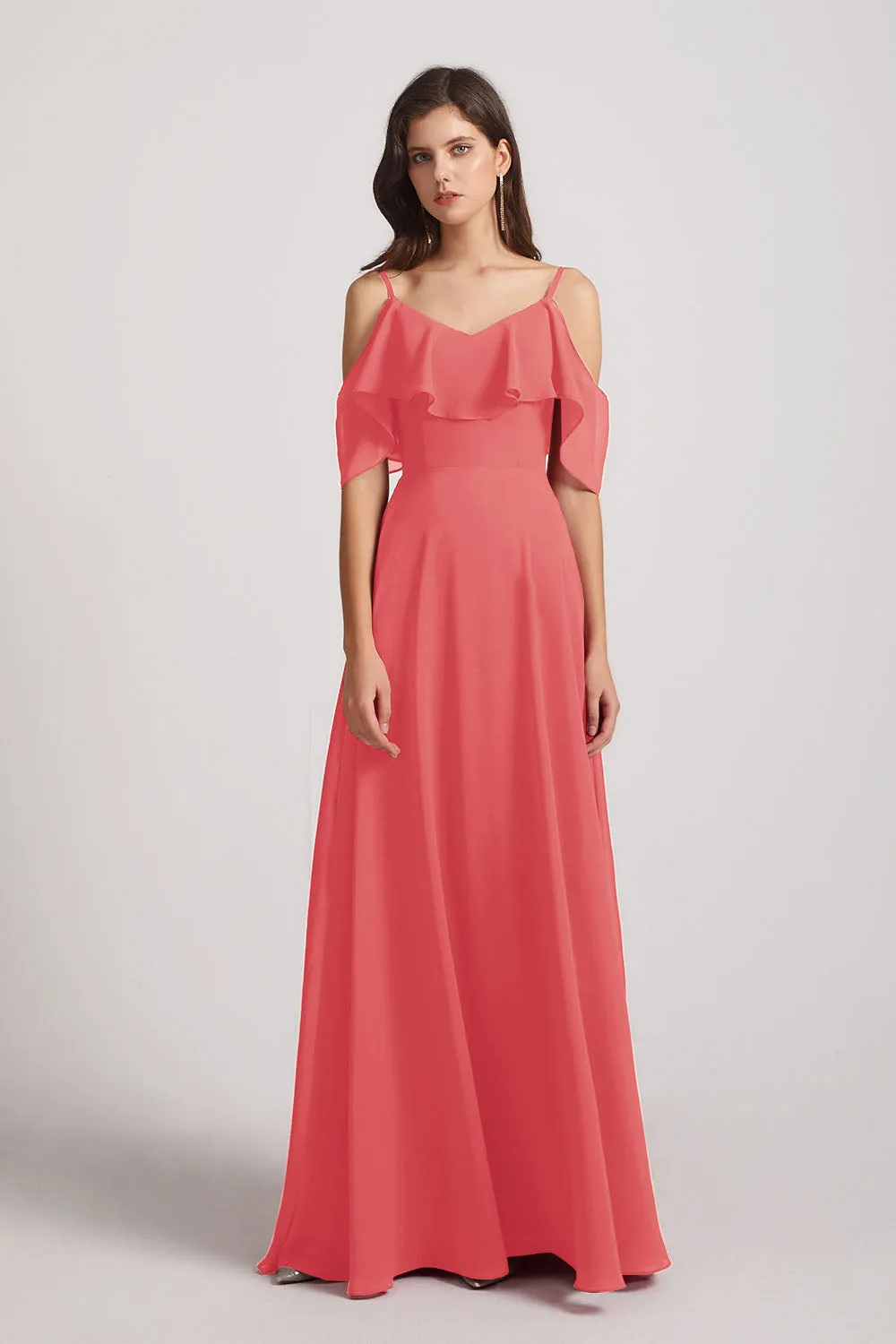 Cold Shoulder Chiffon Long Flowy Bridesmaid Dresses (AF0078)