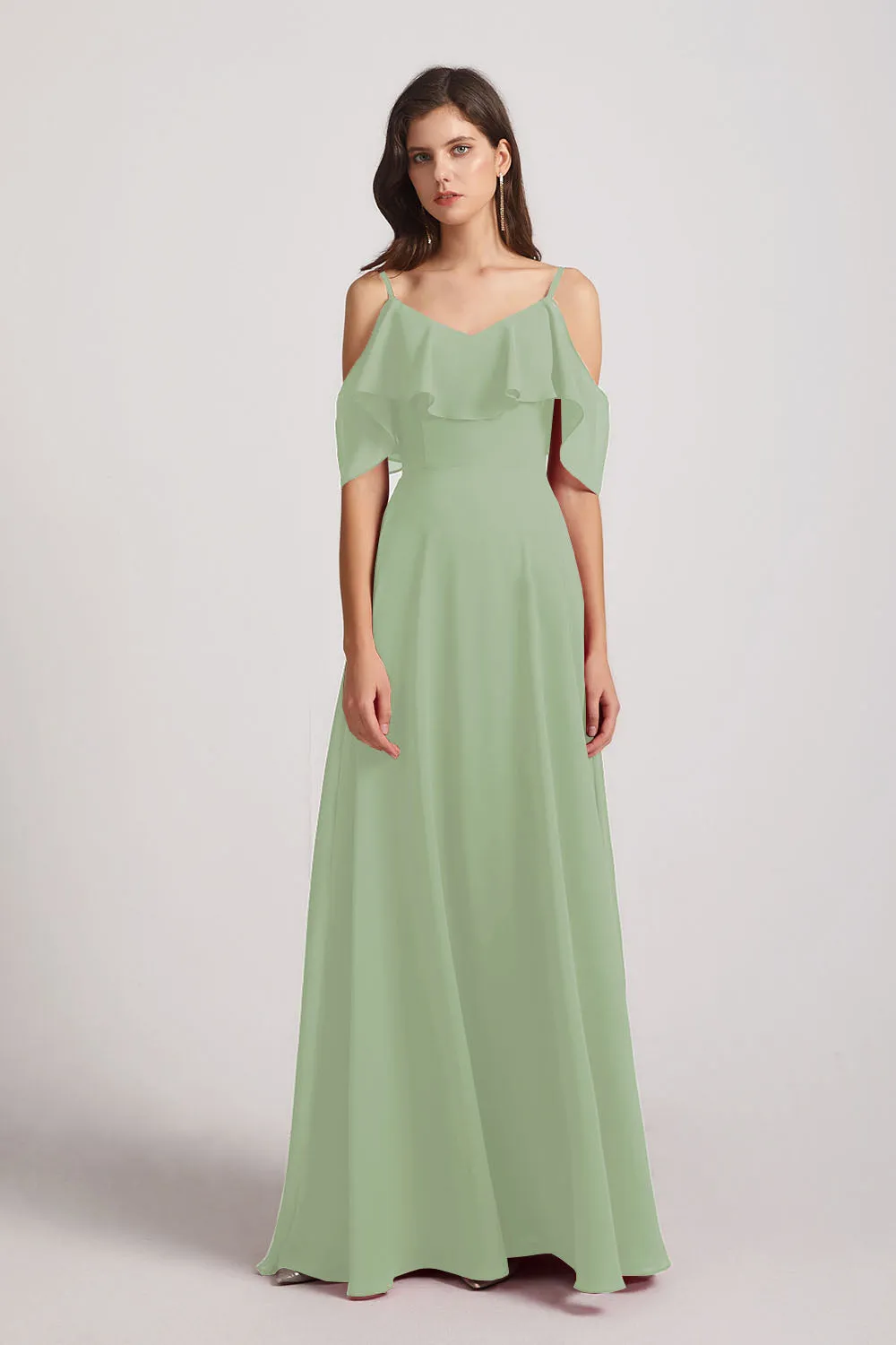 Cold Shoulder Chiffon Long Flowy Bridesmaid Dresses (AF0078)