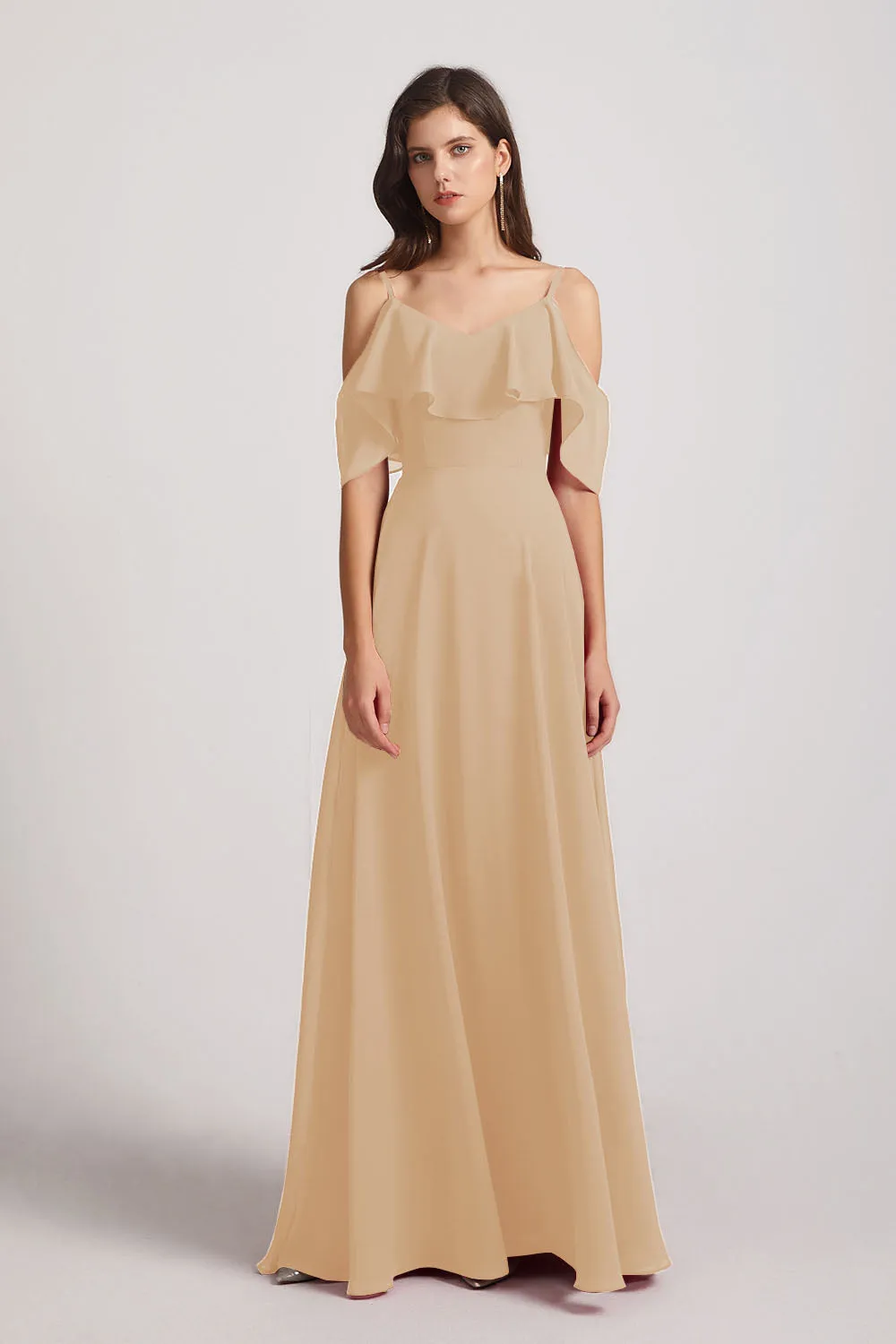 Cold Shoulder Chiffon Long Flowy Bridesmaid Dresses (AF0078)