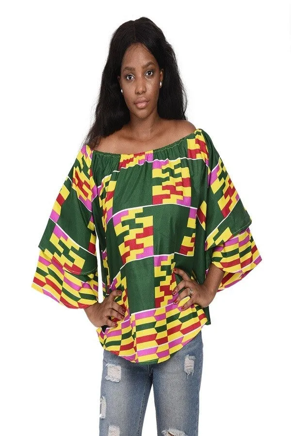 Color Block African Print Off-Shoulder Top (One Size)