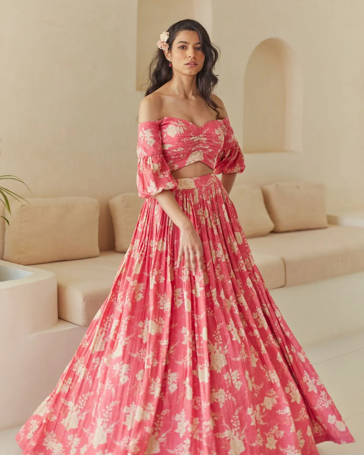 Coral Pink Off Shoulder Top And Skirt Set