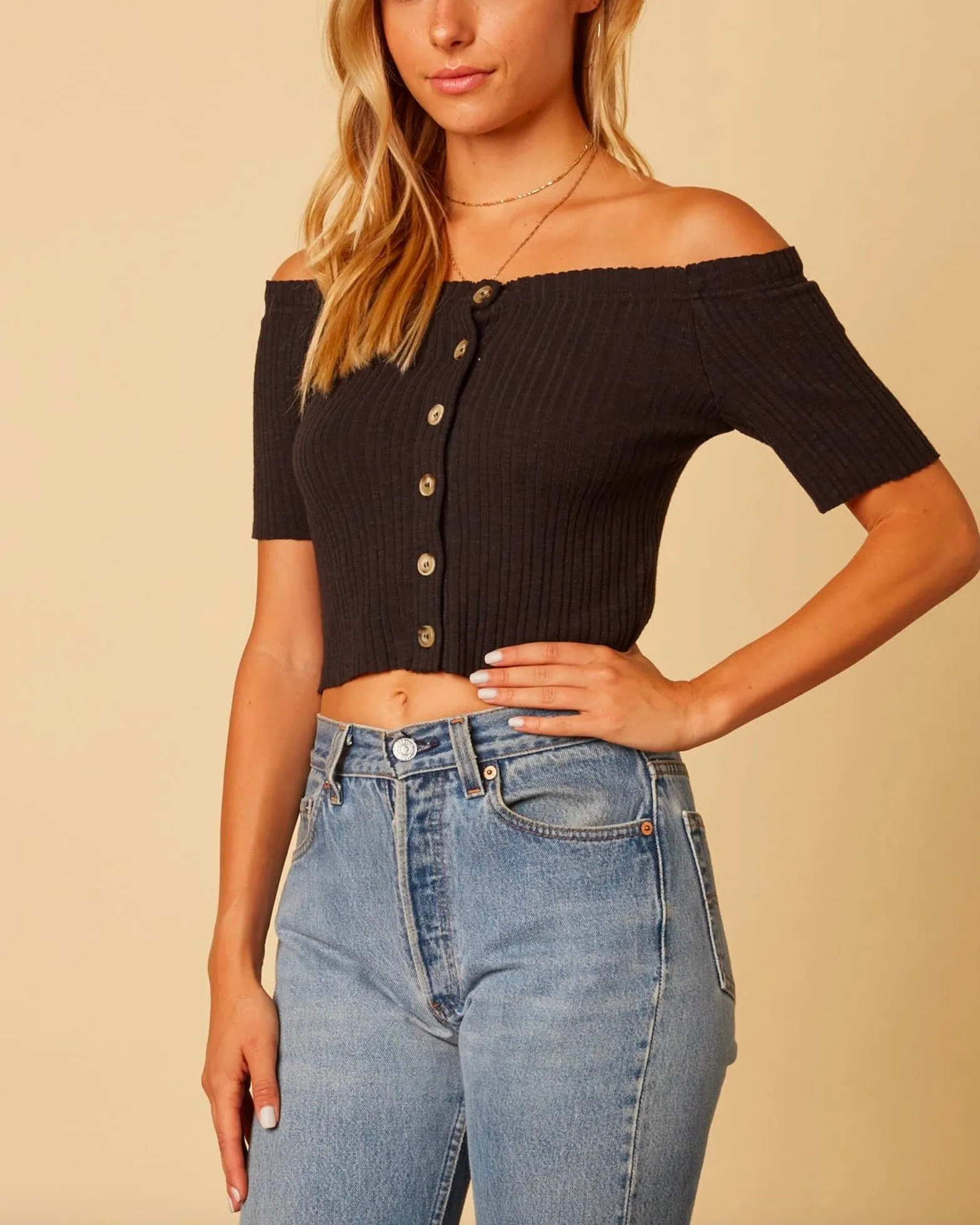 Cotton Candy LA - Button Up Knit Off the Shoulder Crop Top in Black