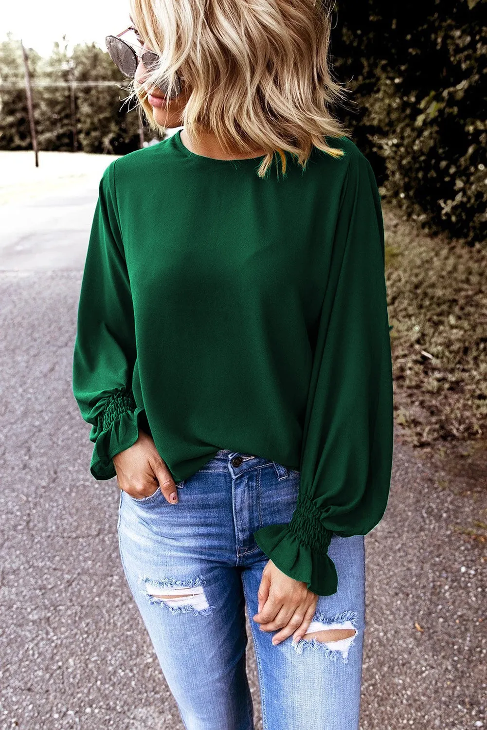 Crew Neck Ruffle Blouse Top