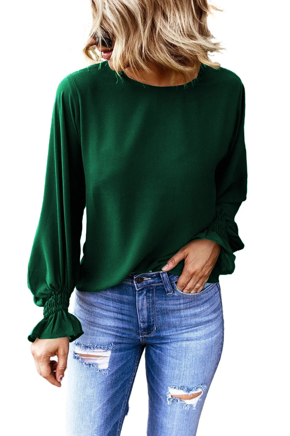 Crew Neck Ruffle Blouse Top