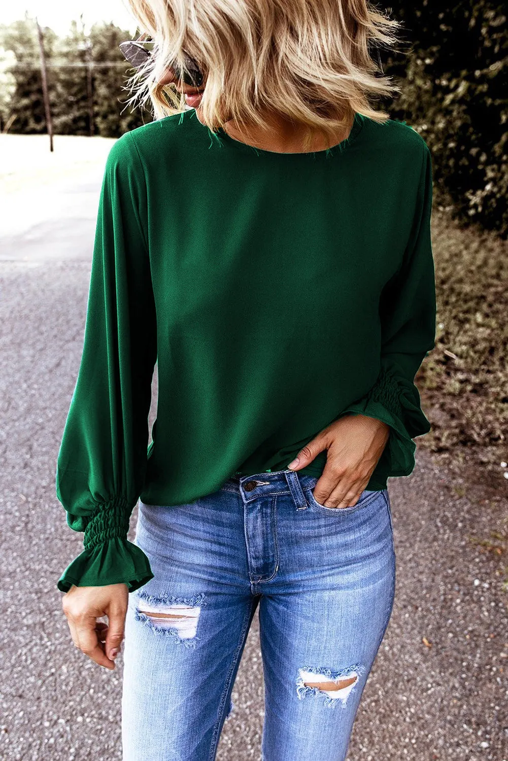 Crew Neck Ruffle Blouse Top