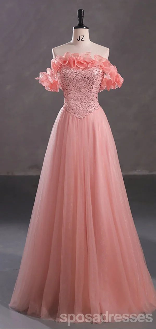 Cute Pink A-line Off Shoulder Cheap Long Prom Dresses Online,12997