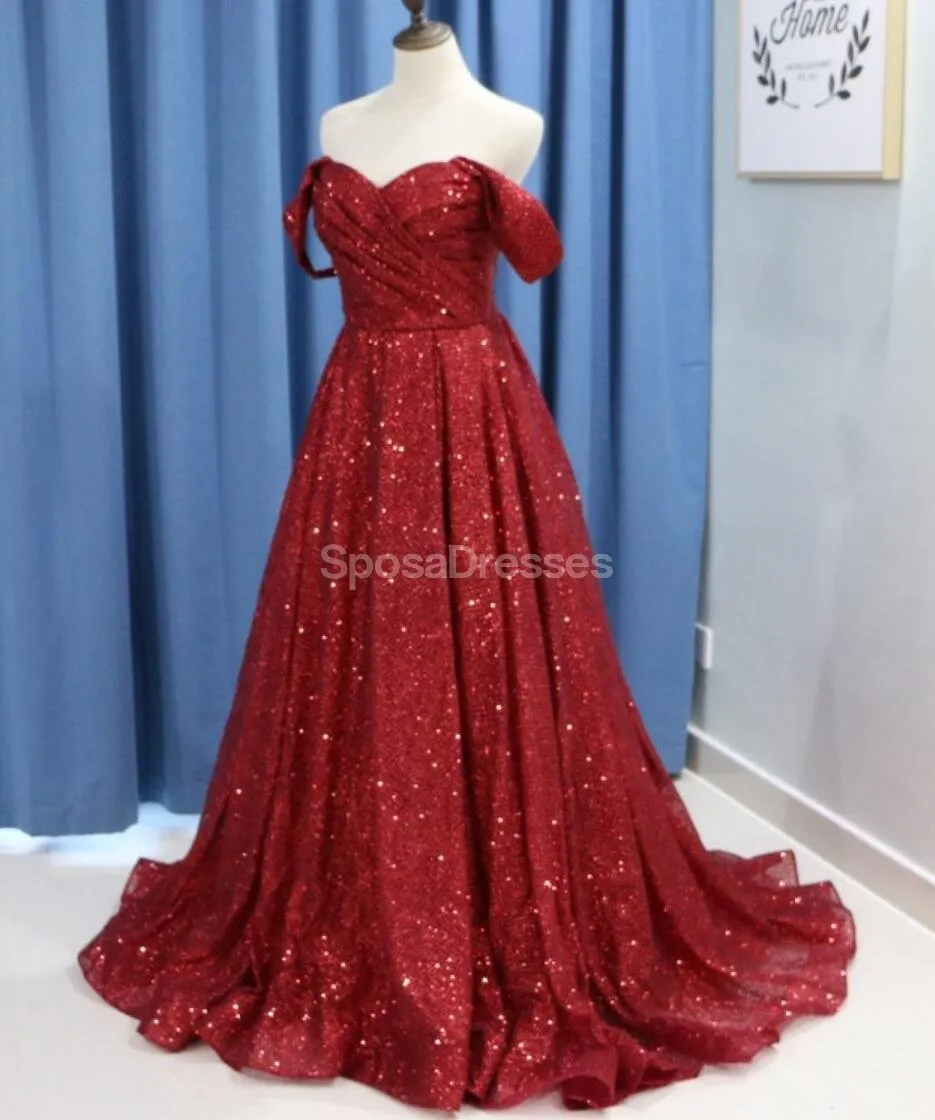 Dark Red Sparkly Off Shoulder A-line Long Evening Prom Dresses, Evening Party Prom Dresses, 12294