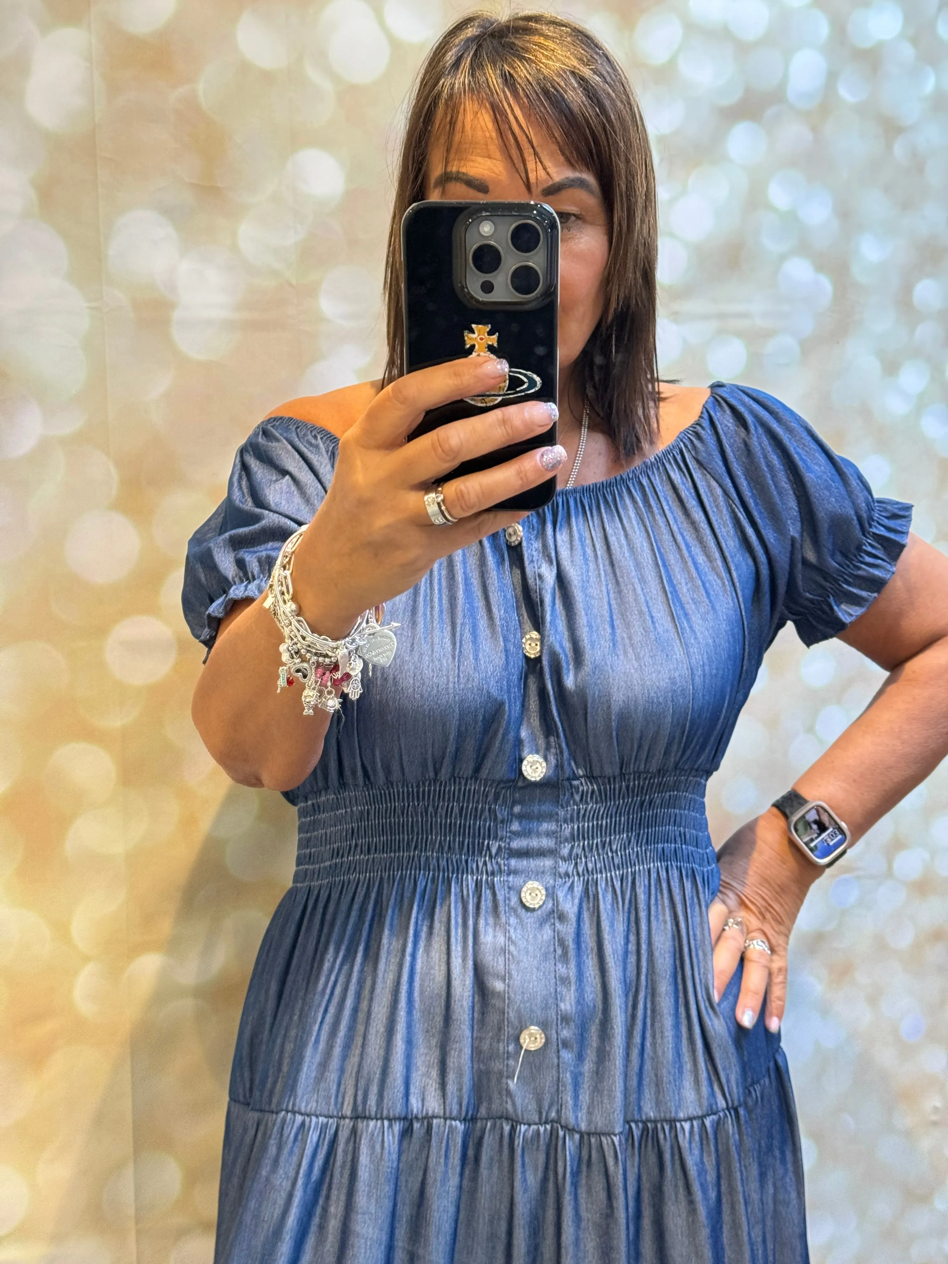 Denim Bardot off the shoulder dress