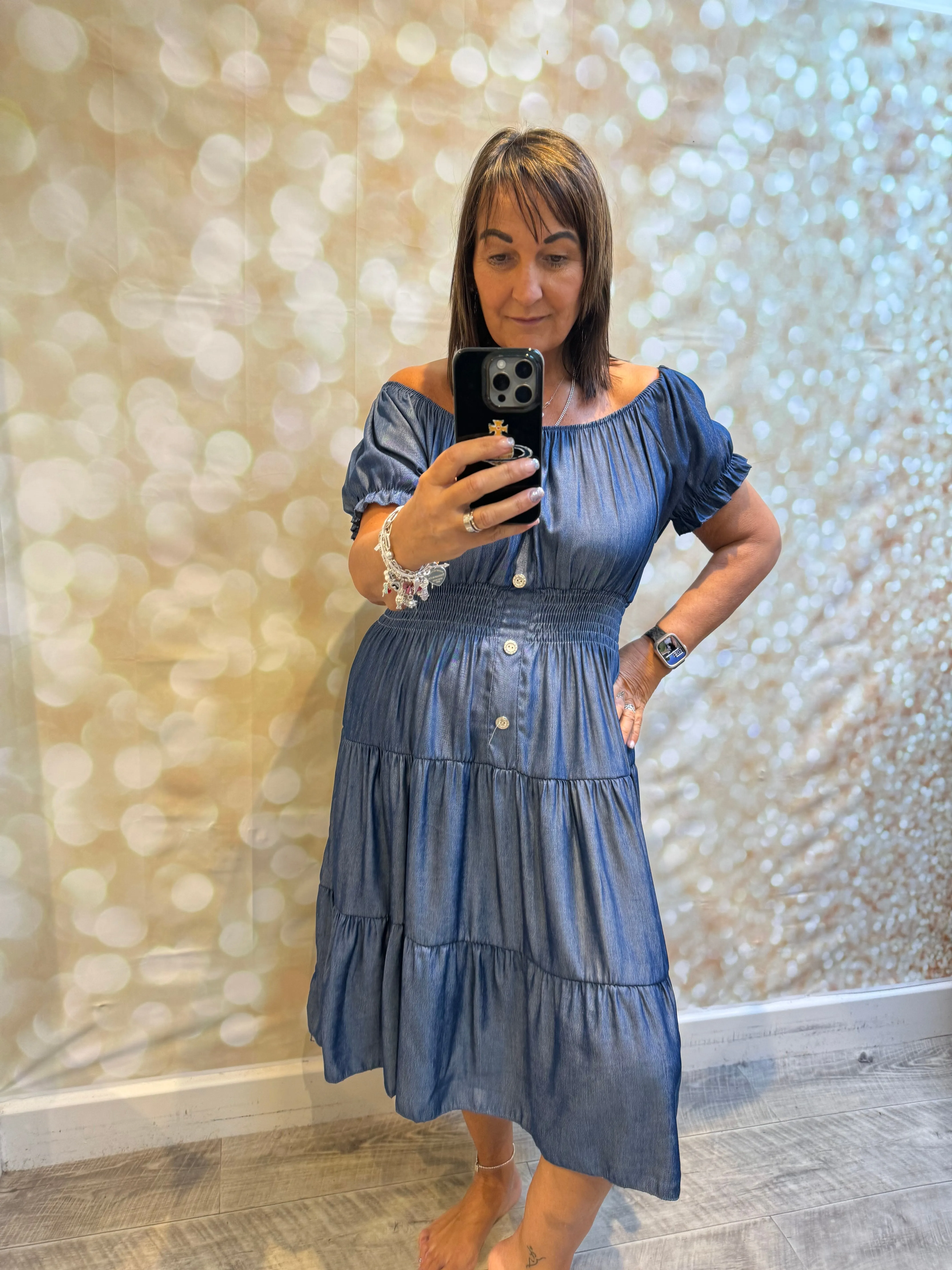 Denim Bardot off the shoulder dress