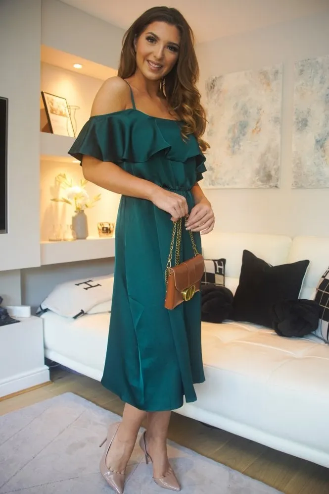 Double Second Green Off Shoulder Satin Midi Dress