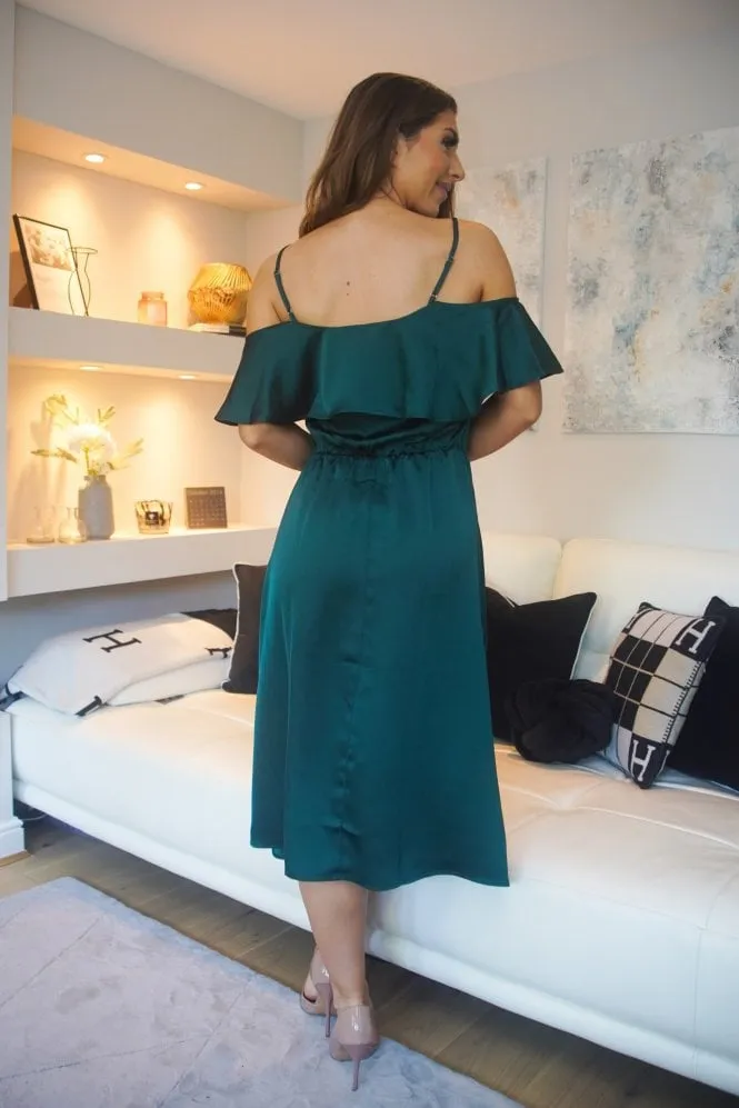 Double Second Green Off Shoulder Satin Midi Dress