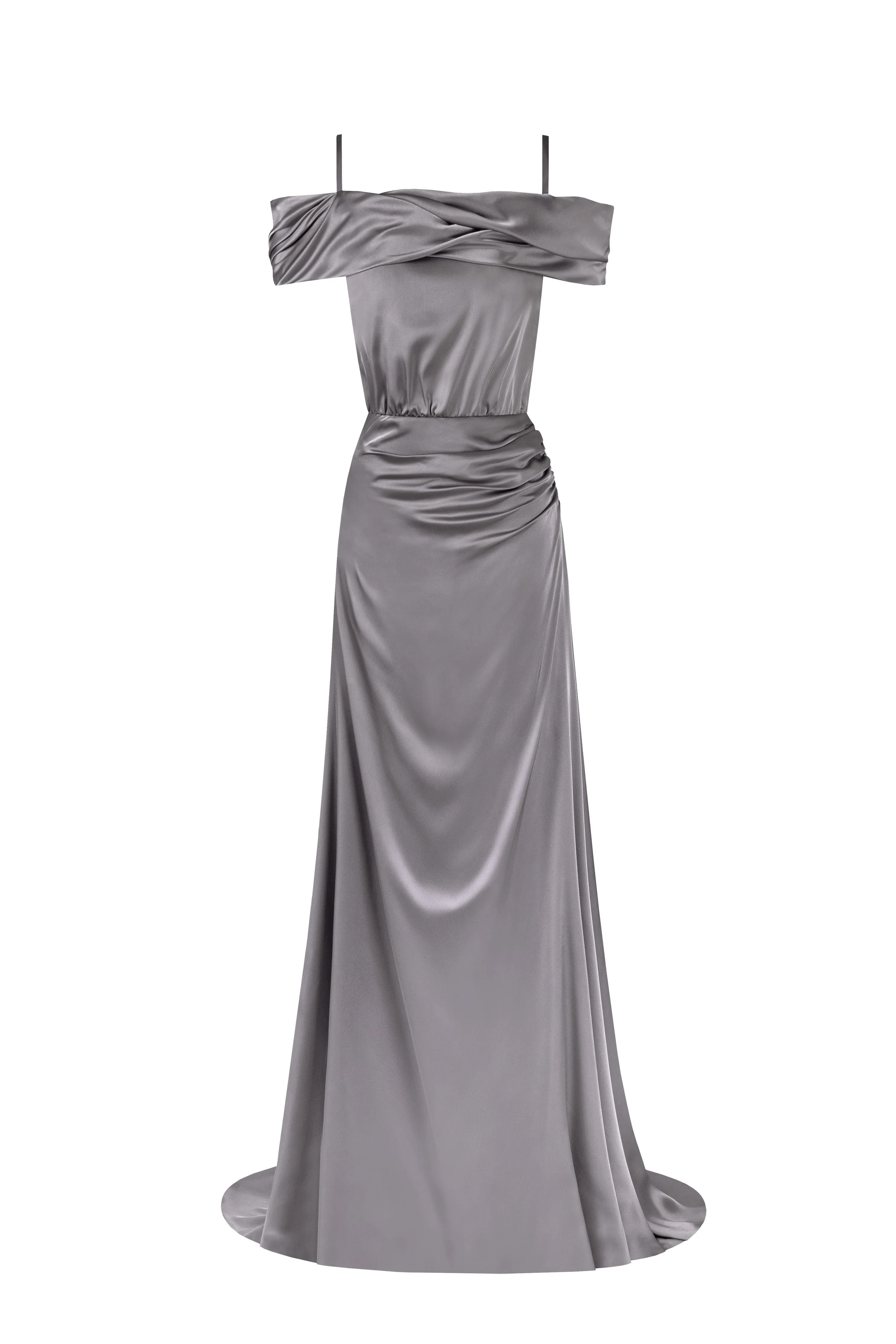 Elegant silver off-the-shoulder silk maxi dress