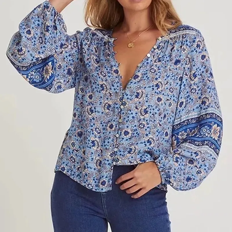 Esmee Peasant Top In Blue Or Orange You Choose Long Sleeve Button Front Bohemian Floral Print Blouse Tie It In Front Or Button It Available In Small Medium Or Large