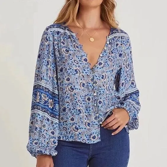 Esmee Peasant Top In Blue Or Orange You Choose Long Sleeve Button Front Bohemian Floral Print Blouse Tie It In Front Or Button It Available In Small Medium Or Large