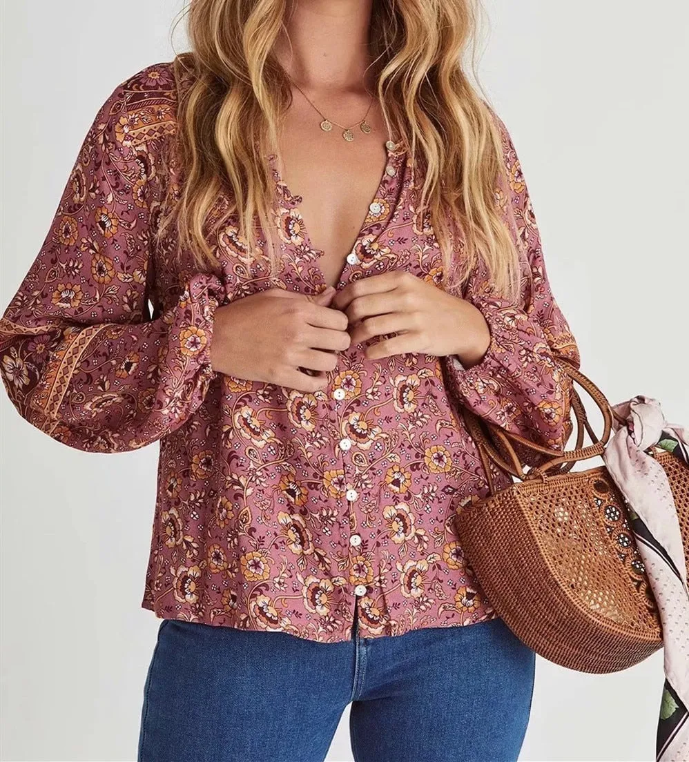 Esmee Peasant Top In Blue Or Orange You Choose Long Sleeve Button Front Bohemian Floral Print Blouse Tie It In Front Or Button It Available In Small Medium Or Large