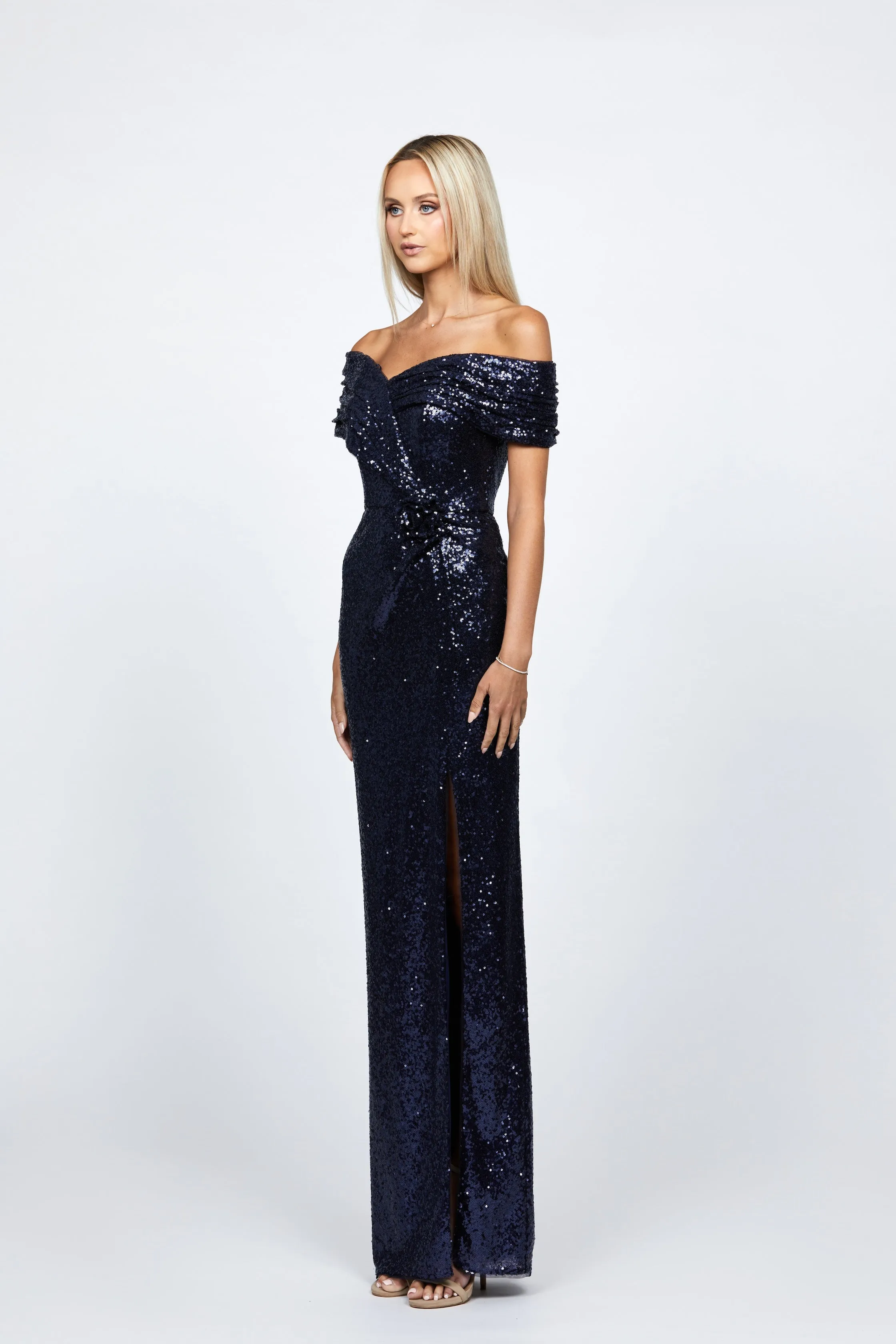 Evanie Draped Off Shoulder Sequin Gown